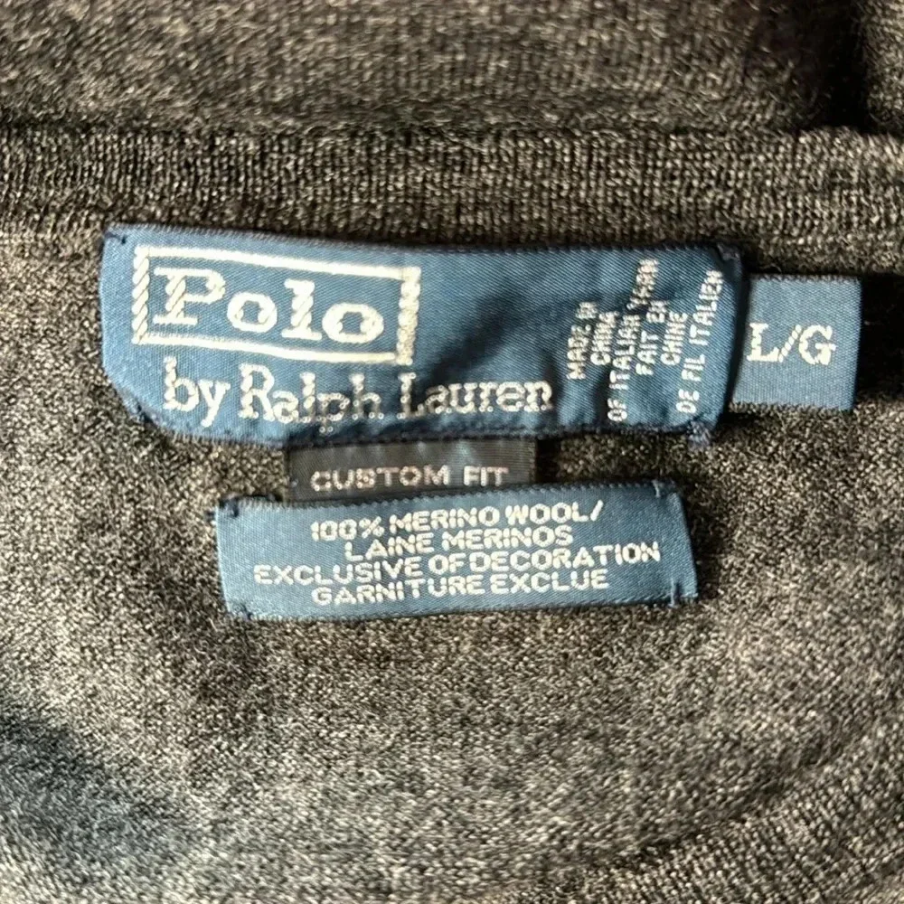 Polo Ralph Lauren Custom Fit Merino Wool V-Neck Gray Sweater Size Large